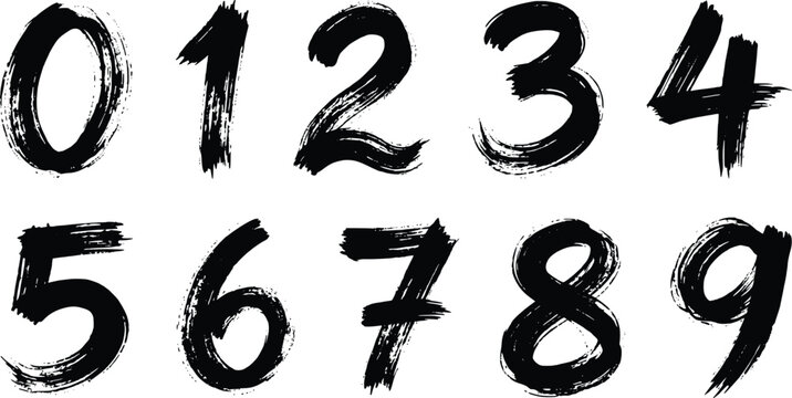 Numbers zero to nine rendered in rough brush stroke textured paint style black ink numerals isolated on transparent background.