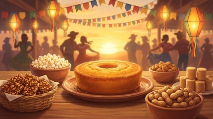 Fototapeta premium A festive wooden table featuring a traditional corn cake, popcorn, peanuts, and sweets during a Brazilian Festas Juninas celebration with sunset background.