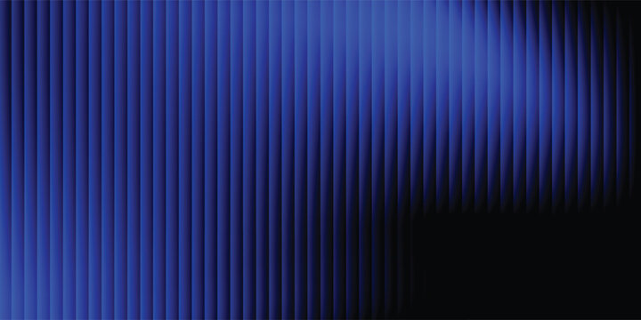 Abstract black and blue geometric background with vertical parallel stripe bars and fluid wavy gradient lighting effect for presentation banner.