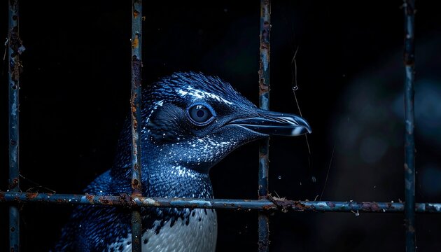 A close-up of a bird's head behind a rusty metal fence