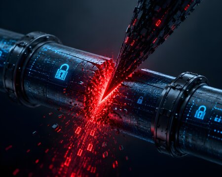 Punctured Data Pipeline Abstract 3D Render Showing Secure Network Pierced By Sharp Digital Spike