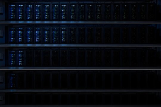 Sequential data center server rack shutdown process with indicator power lights turning off systematically consecutively