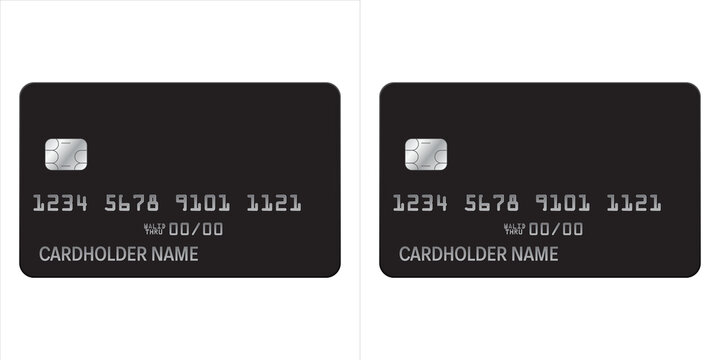 Two black credit cards with emv chip, card number, expiration date, and cardholder name, isolated on transparent background