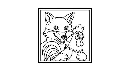 Fototapeta premium Clever Fox Holding a Rooster in a Square Frame - Line Art Illustration