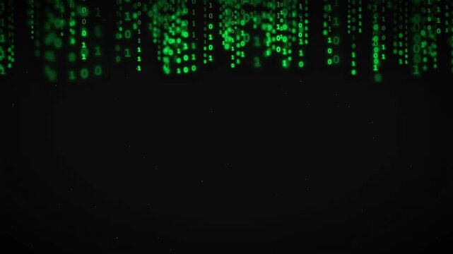 Digital green binary code raining down on a black background for technology and data concepts