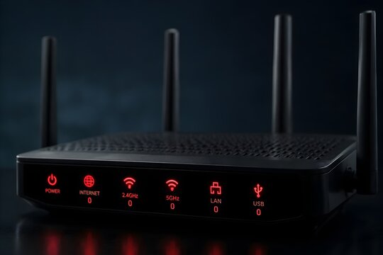 Broken internet router connection status concept showing blinking red signal lights dropping to absolute zero
