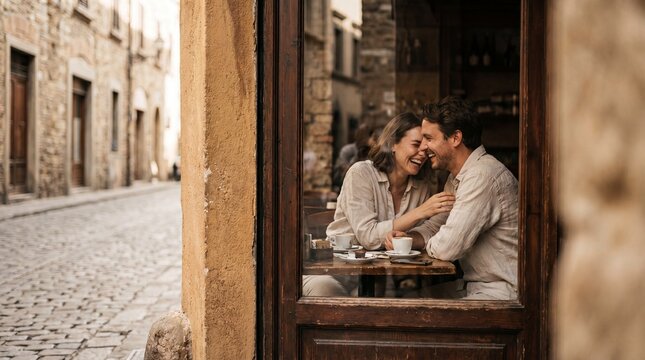 A joyous young couple sharing a laugh while sitting at a table with coffee inside a cozy cafe, seen through a window in a charming European cobblestone street.