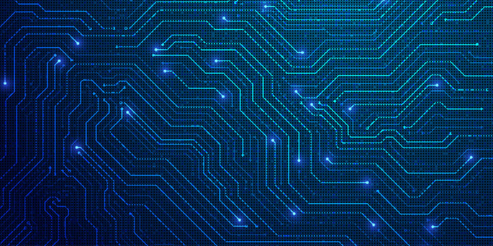 Abstract technology background with circuit board lines and glowing blue dots, digital data flow concept.