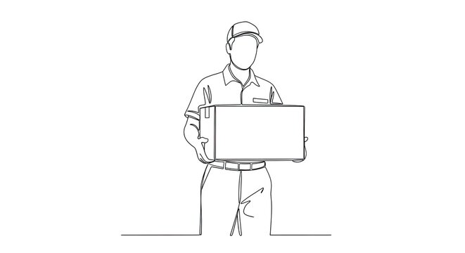 A delivery man stands holding a large cardboard box. He is wearing a cap and a polo shirt.