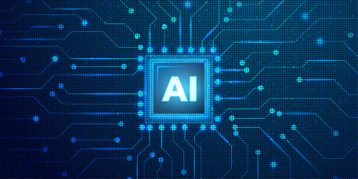 Digital artificial intelligence chip icon centered on complex blue electronic circuit board with dotted textures.