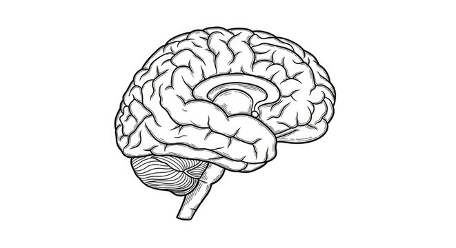 A detailed black and white line drawing depicts a human brain. The brain illustration showcases the intricate folds and lobes of the cerebral cortex.