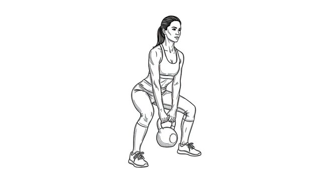 A woman performs a goblet squat with a kettlebell. She is wearing athletic apparel and appears to be in a fitness setting.