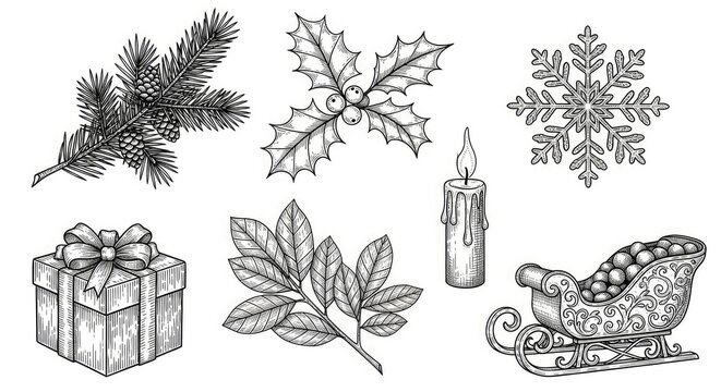 A monochrome illustration depicts several traditional Christmas elements. A fir branch with pine cones and berries is positioned to the left.