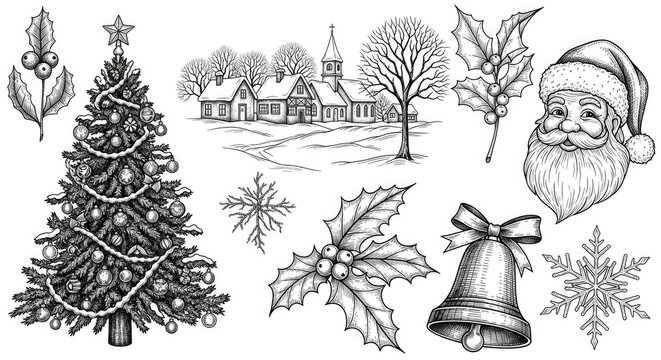 A black and white illustration depicts a festive winter scene. A decorated Christmas tree stands prominently, alongside a quaint village with a church and houses.