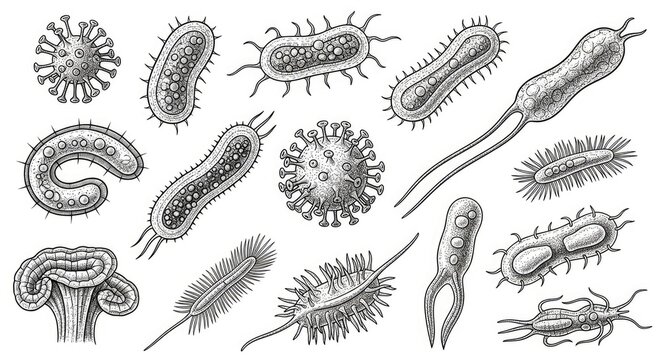The image displays a collection of diverse bacteria illustrations. These bacteria exhibit various shapes and sizes, including cocci, bacilli, spirilla, and vibrio forms.