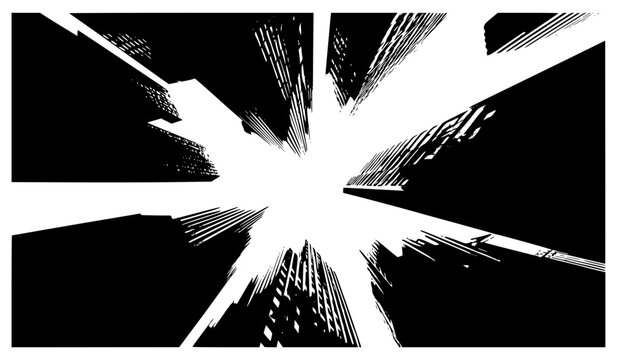 Abstract low angle skyscraper worm eye view vector illustration. Dramatic monochrome cityscape silhouette background with sharp perspective skyscrapers reaching toward a bright sky center.