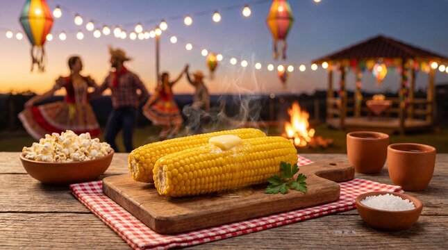 Hot steaming buttered corn on the cob on a wooden table, with a festive Brazilian Festa Junina party with dancing couples and bonfire lights in the background.