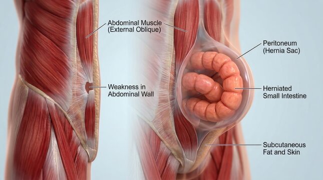 The image illustrates an abdominal hernia, specifically a peritonea hernia. It depicts a section of the human abdomen, highlighting the abdominal muscles, peritoneum, and herniated small intestine.