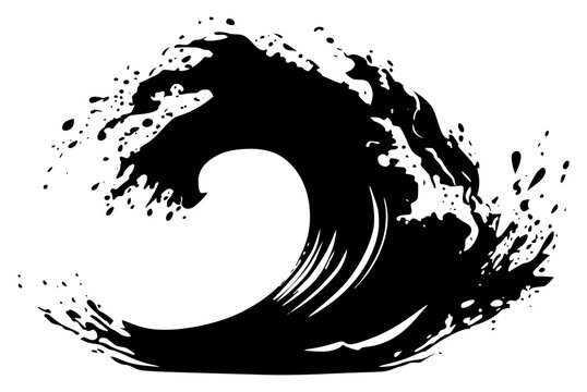 Powerful black ink ocean wave silhouette isolated on white background. Abstract sea spray splatter, stylized tsunami crest element, dynamic marine surf vector illustration for graphic design.