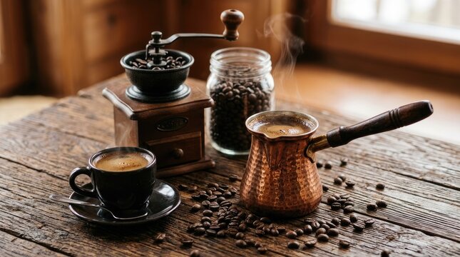 A close-up shot captures a rustic coffee setup on a weathered wooden table. A vintage hand-crank coffee grinder sits beside a jar of whole coffee beans.
