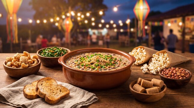 Feij&atilde;o tropeiro served in a clay bowl with side dishes like pork rinds, popcorn, and toasted bread at a Festa Junina night celebration with festive lights.