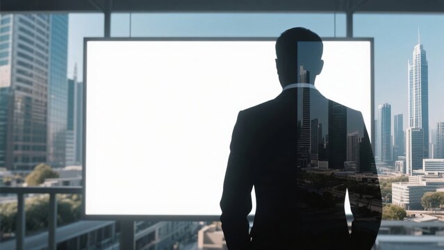 高層ビル群を見下ろす窓の前に立つスーツ姿の男性の後ろ姿と大きな白い空白のスクリーン、ビジネスのコンセプトイメージ