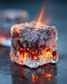 A burning ice cube with fire on its surface sits on a wet reflective surface
