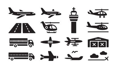 Aviation industry icons including helicopter runway plane hangar and ground support truck. © MDABDUR