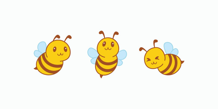 Three cute cartoon bees fly joyfully. They wear soft, rounded expressions with happy eyes. Each bee has striped yellow and brown bodies. Their wings glow gently in light blue
