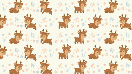 Cute reindeer hop across soft pastel background. Tiny trees and snowflakes add festive charm. Playful, cheerful, and perfect for holiday designs. Ideal for baby books, greeting cards, or nursery walls © rochmuch