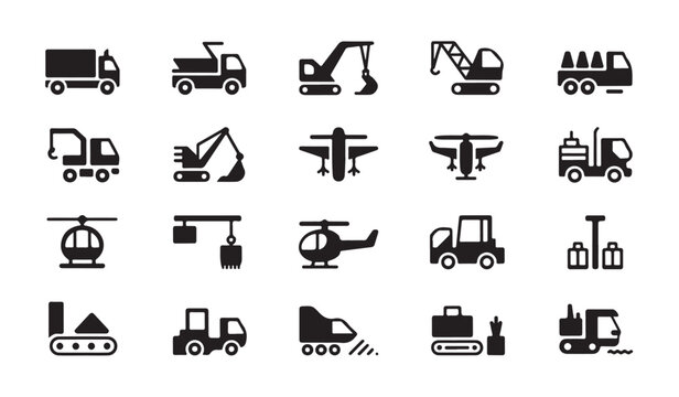Construction machinery and heavy vehicle fleet icons set including excavators trucks and more.