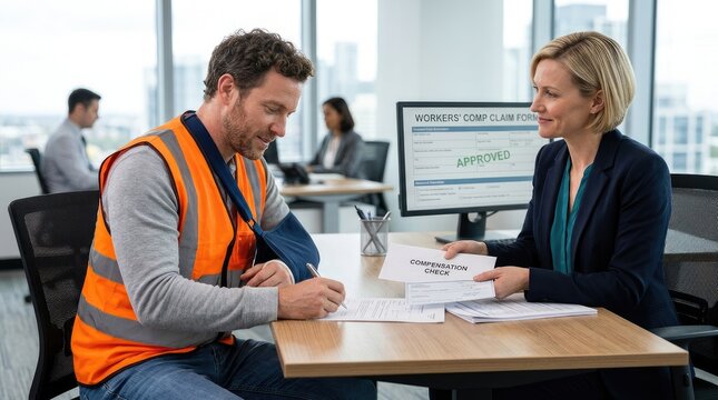 A construction worker and a woman in a business suit are discussing a workers' compensation claim form.