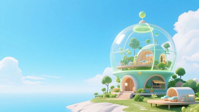 海を背景にしたガラスドーム内に植物が配置されたパステルカラーの近未来的な建物の3Dイラスト、エコロジーのコンセプトイメージ