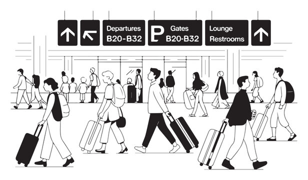 People walking in busy airport terminal hall with luggage and flight information signboards.