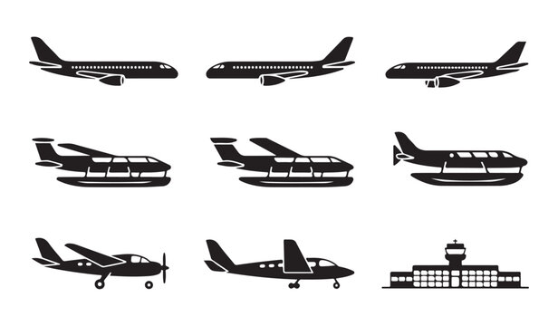 Modern passenger airplanes and private jets icons including seaplanes and airport buildings.