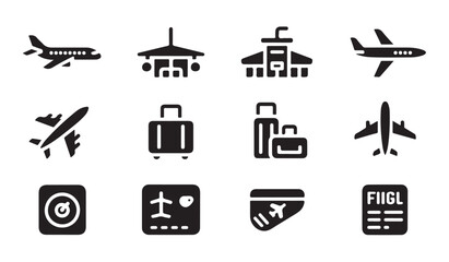 Aviation and airport themed icons featuring aircraft and luggage travel set in black solid. © MDABDUR