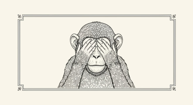Vintage Monkey Covering Eyes, Illustration of Three Wise Monkeys Concept