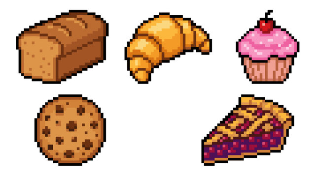 Pixel art collection of baked goods including bread croissant cupcake cookie and pie slice
