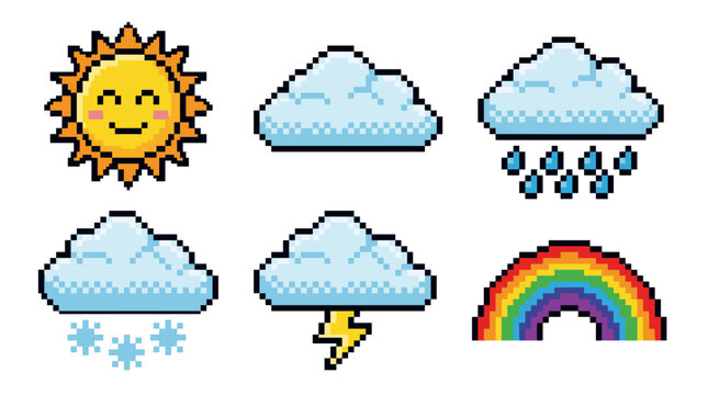 Pixel art weather icons set sun clouds rain snow lightning rainbow