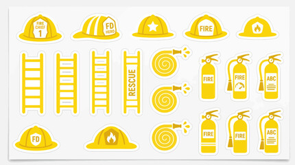 Firefighter Equipment Icons: Helmets, Ladders, Hoses, Extinguishers - Yellow Set © nad
