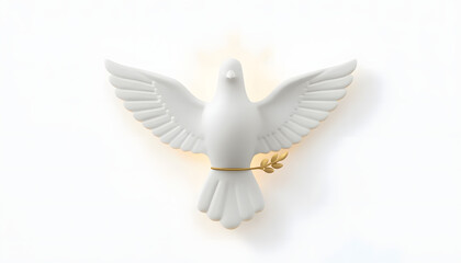 Fototapeta premium Elegant white dove sculpture featuring smooth matte textures and a metallic gold olive branch held in its beak isolated against a clean soft glowing white background in a minimalist style.