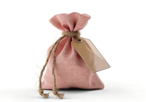Pink burlap gift sack with blank cardboard price tag isolated on white background