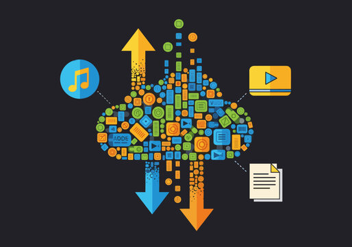 Cloud storage concept with multimedia icons and upload arrows.