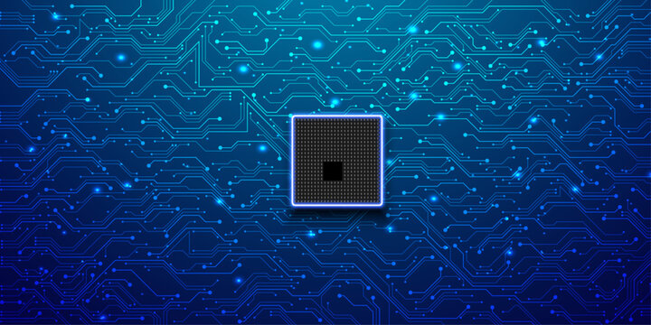 Computer motherboard background with central hardware processor and intricate circuit lines.