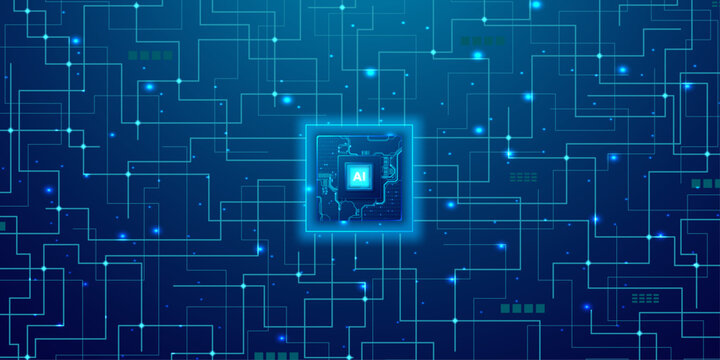 Futuristic ai technology chip with grid patterns on dark blue digital background.