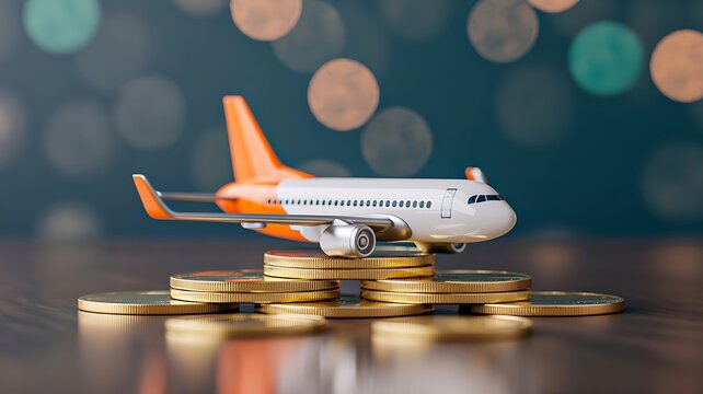 Airplane model on coins representing aviation investment and travel economy
