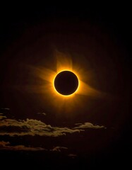 Obraz premium A dark disk centered in a glowing yellow ring, surrounded by rays