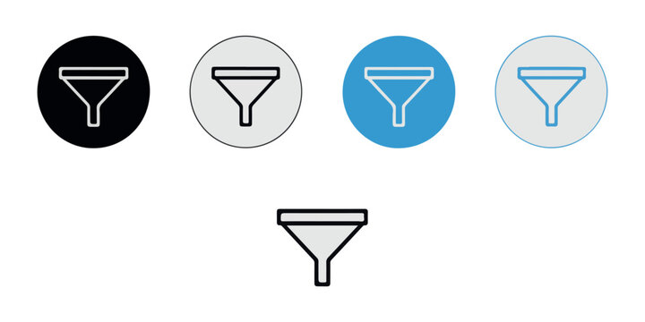 Filter icon vector collection with black, white, and blue circle backgrounds, and standalone design.