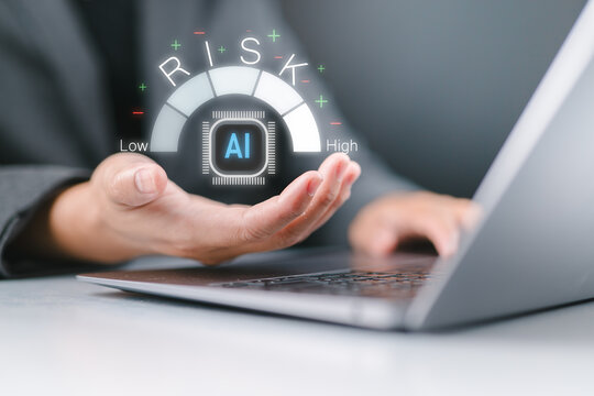 AI risk management interface with enterprise professional evaluating artificial intelligence performance, representing risk assessment, governance, compliance, and digital transformation strategy.