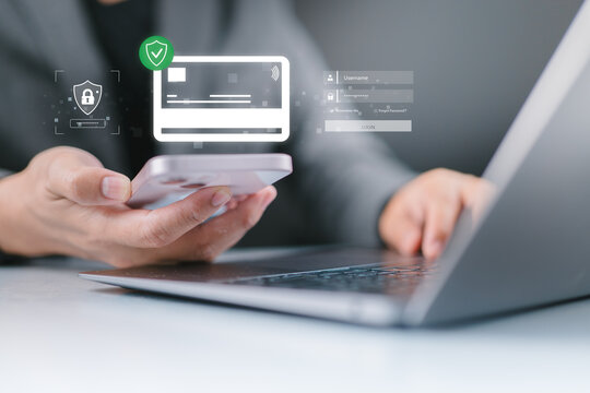 Secure online payment and mobile banking concept with smartphone user, representing digital transactions, credit card security, password authentication, data protection, cybersecurity technology.